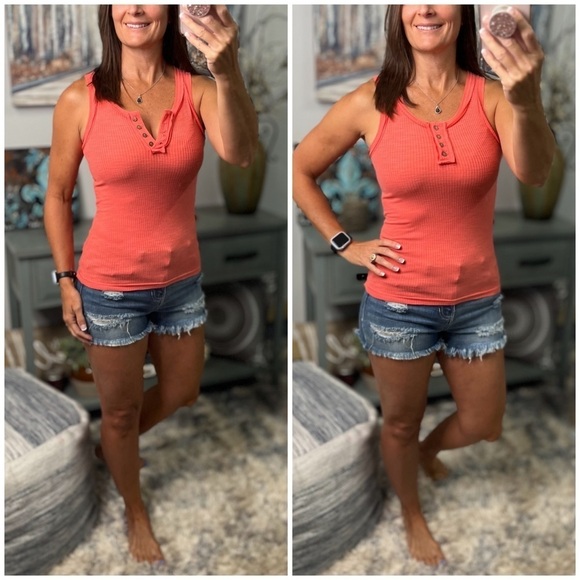 Ribbed Henley Button Low Cut Boy Beater Cleavage Fitted Tank Top Deep Coral 0323 - Picture 1 of 8